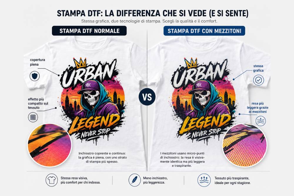 Stampa DTF normale e stampa DTF con mezzitoni su t-shirt bianca Differenza tra stampa DTF normale e stampa DTF con mezzitoni su t-shirt bianca