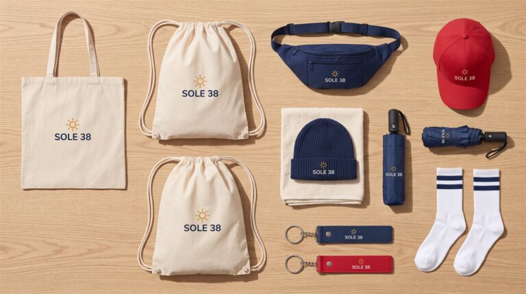 Gadget personalizzati con logo: shopper, sacche, marsupio, cappellino e calzini