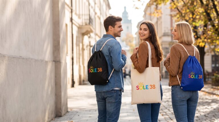 Ragazzi con shopper e sacche personalizzate col logo