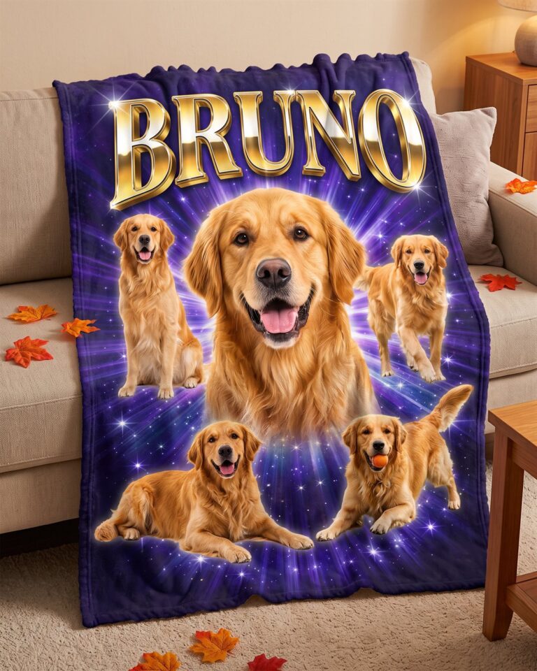 Plaid Bootleg personalizzato viola con il cane BRUNO in cinque pose, sul divano
