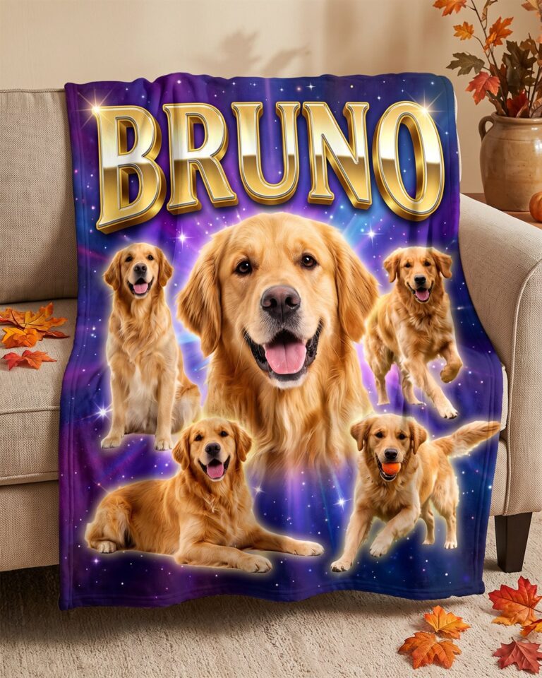 Plaid Bootleg personalizzato con le foto del cane e il nome BRUNO su un divano