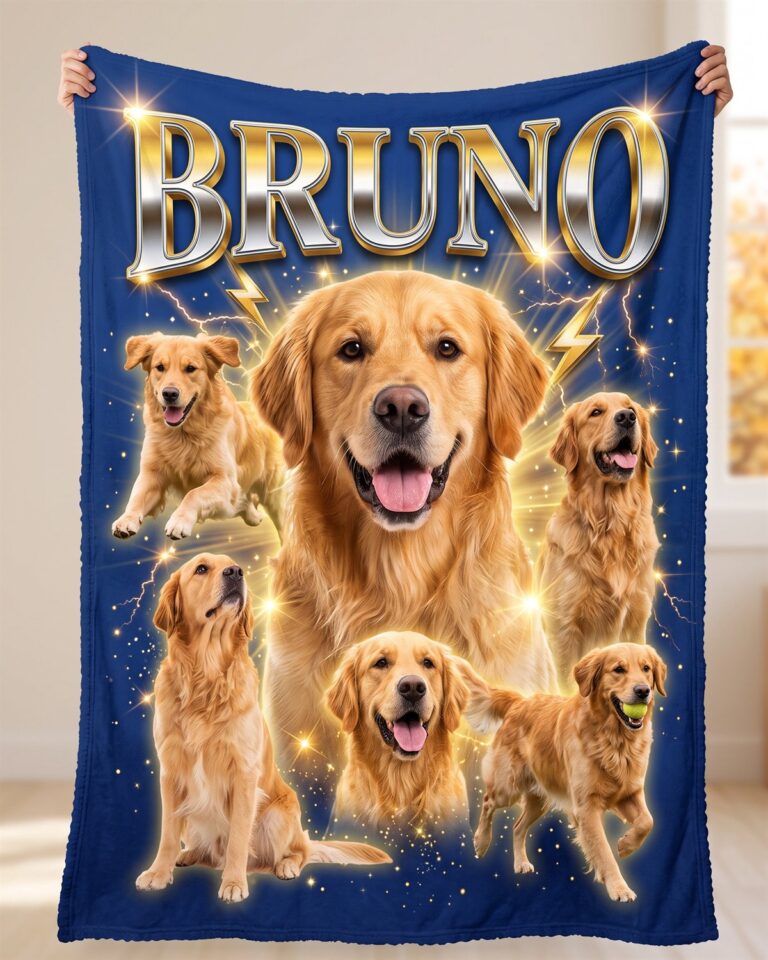 Plaid Bootleg personalizzato blu con il cane BRUNO, fulmini e nome cromato, tenuto aperto