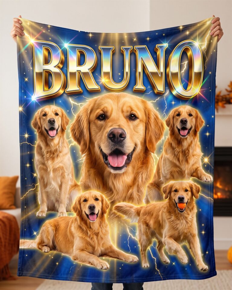 Plaid Bootleg personalizzato aperto: cane in cinque pose, nome cromato e fulmini su tutta la coperta